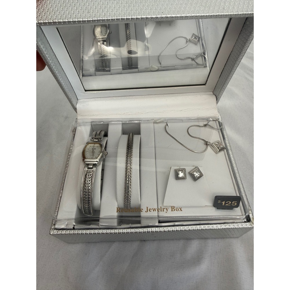 Bill Blass Jewelry Set Silver Tone Watch Bangle Necklace Earrings 4pc Gift Box
